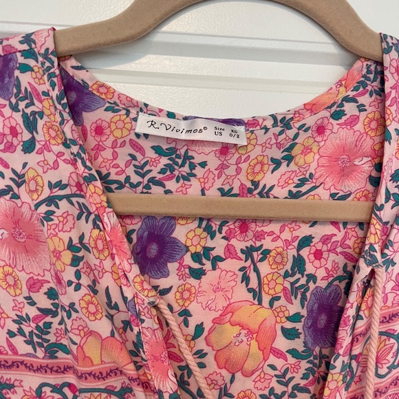 R.Vivimos Long Sleeve Floral Print Retro V Neck Tassel Bohemian Midi Dress XS - Picture 3 of 5